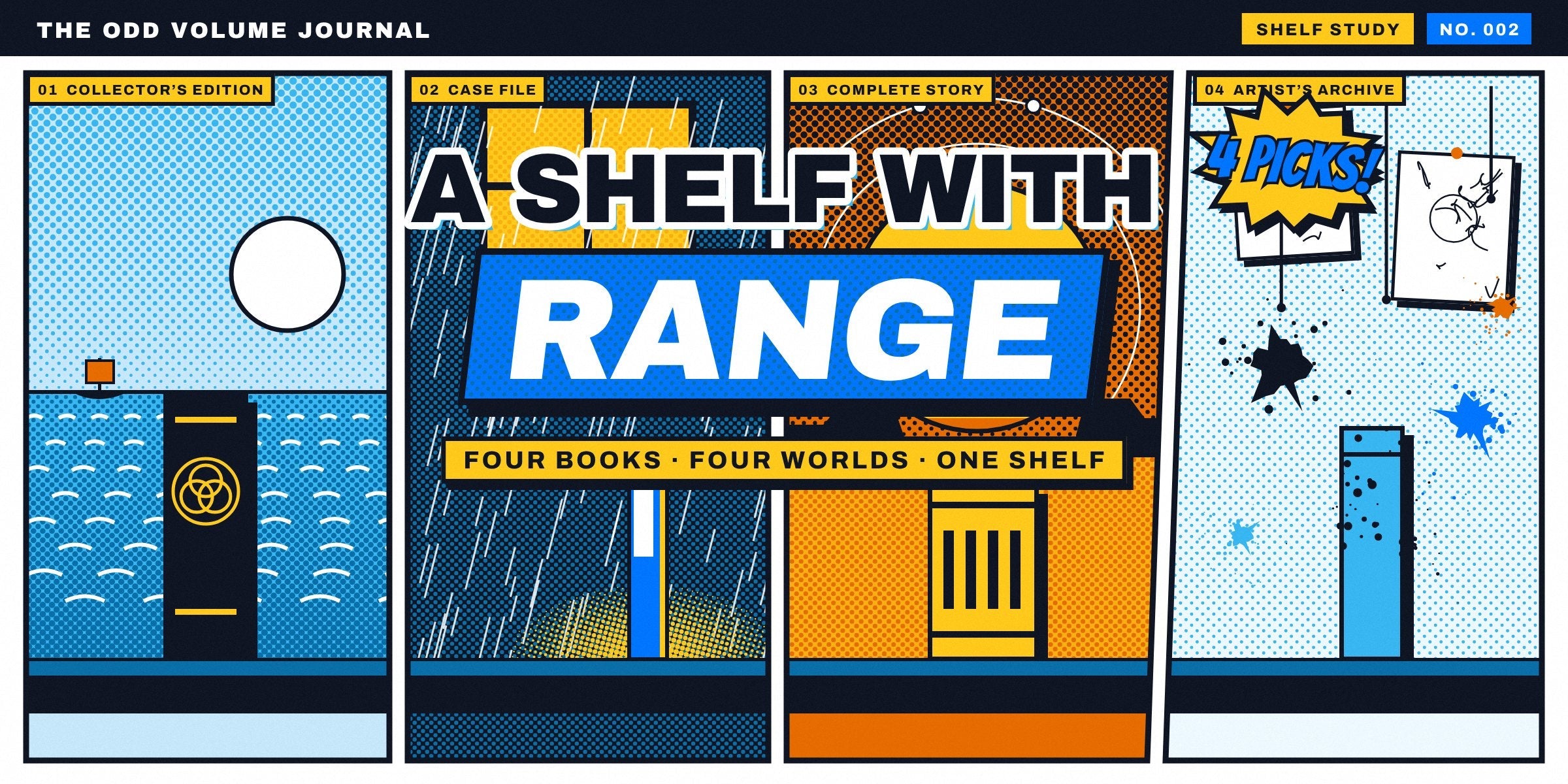 Comic-page cover for A Shelf With Range: four panels, each with one book on the same shelf in a different world, a cold sea, a rainy lit window, a striped desert sun and an ink-splattered studio, with a starburst reading 4 picks.