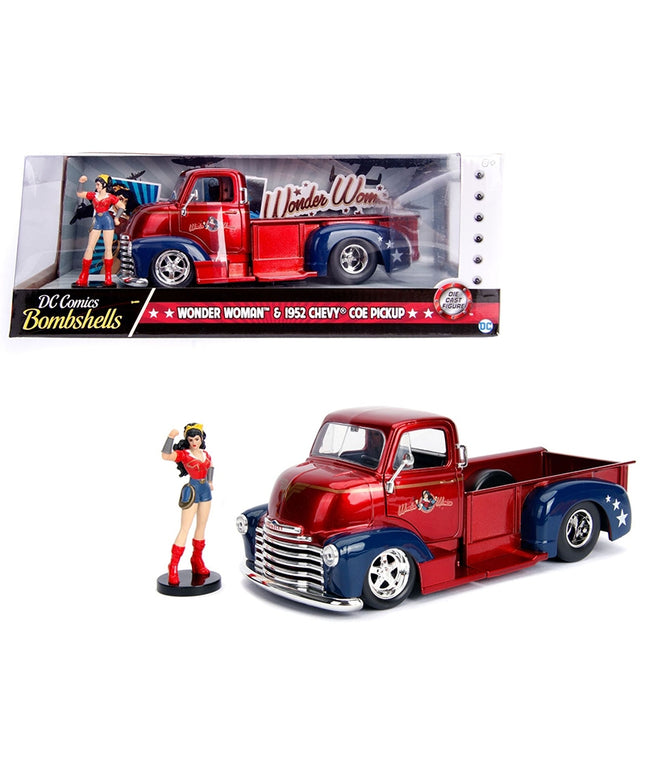 1952 Chevrolet Coe Pickup Truck Candy Red And Blue With Wonder Woman Diecast Figure DC Bombshells Hollywood Rides 1:24 Diecast Model by Jada Toys