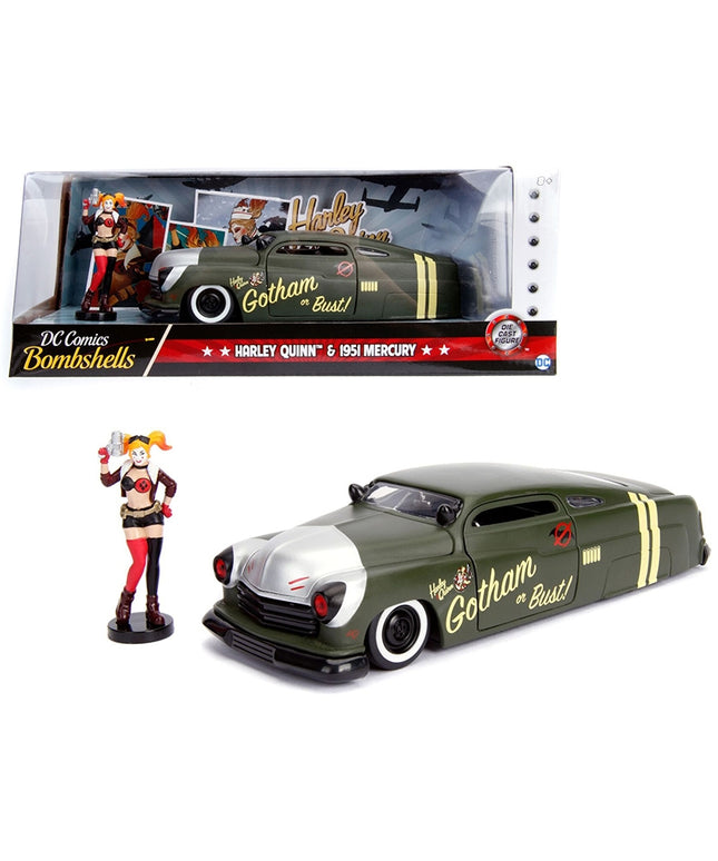 1951 Mercury Matt Green With Harley Quinn Diecast Figurine DC Bombshells 1:24 Diecast Model by Jada Toys
