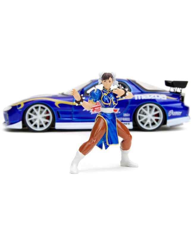 1993 Mazda RX-7 Candy Blue Metallic with Graphics and Chun-Li Diecast Figure "Street Fighter" Video Game "Anime Hollywood Rides" Series 1/24 Diecast Model Car by Jada