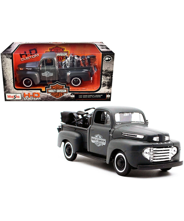 1948 Ford F-1 Pickup Truck and 1942 Harley-Davidson WLA Flathead Motorcycle Matt Dark Gray "Harley-Davidson Custom" 1/24 Diecast Models by Maisto