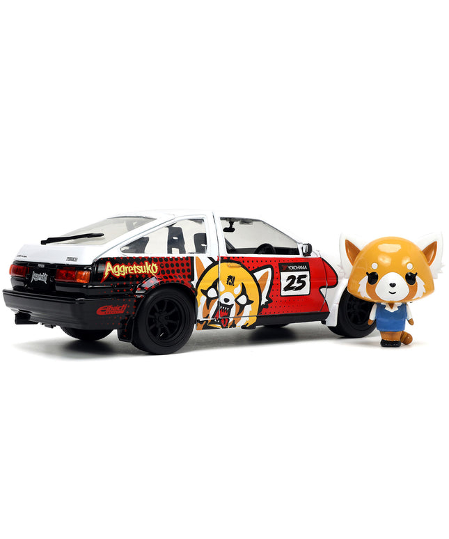 1986 Toyota Trueno (AE86) RHD (Right Hand Drive) #25 White with Graphics and Aggretsuko Diecast Figure "Aggretsuko" "Anime Hollywood Rides" Series 1/24 Diecast Model Car by Jada