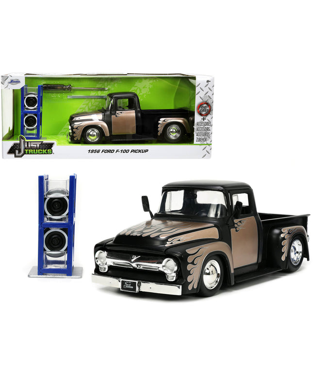 1956 Ford F-100 Pickup Truck Matt Black and Champagne with Flames with Extra Wheels "Just Trucks" Series 1/24 Diecast Model Car by Jada