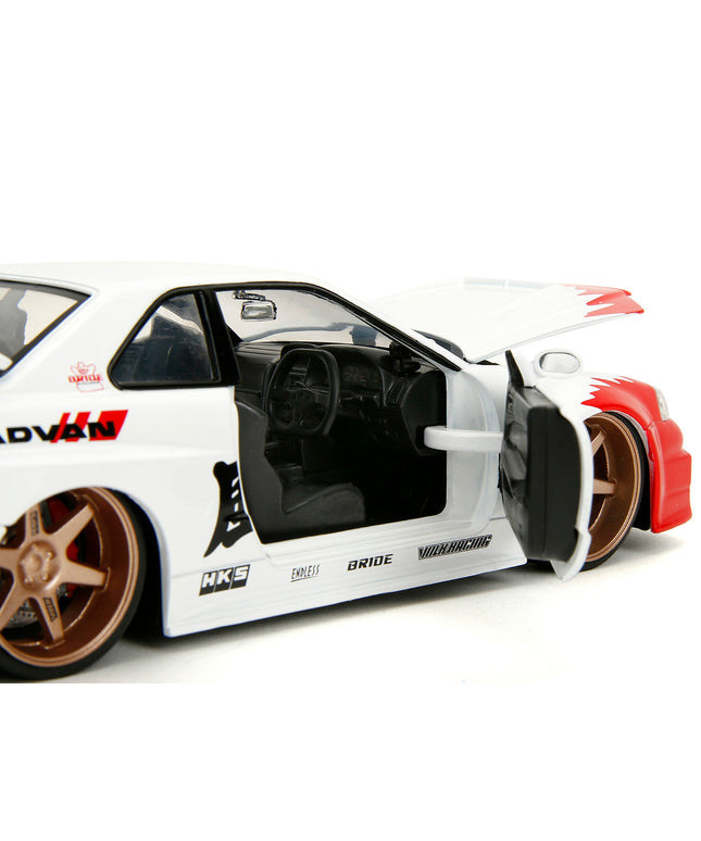 2002 Nissan Skyline GT-R (R34) RHD (Right Hand Drive) White with Red Graphics and Ryu Diecast Figure "Street Fighter" Video Game "Anime Hollywood Rides" Series 1/24 Diecast Model Car by Jada