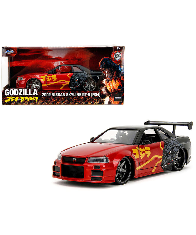 2002 Nissan Skyline GT-R (R34) RHD (Right Hand Drive) Red Metallic and Black "Godzilla vs. Destoroyah" (1995) Movie "Hollywood Rides" Series 1/24 Diecast Model Car by Jada