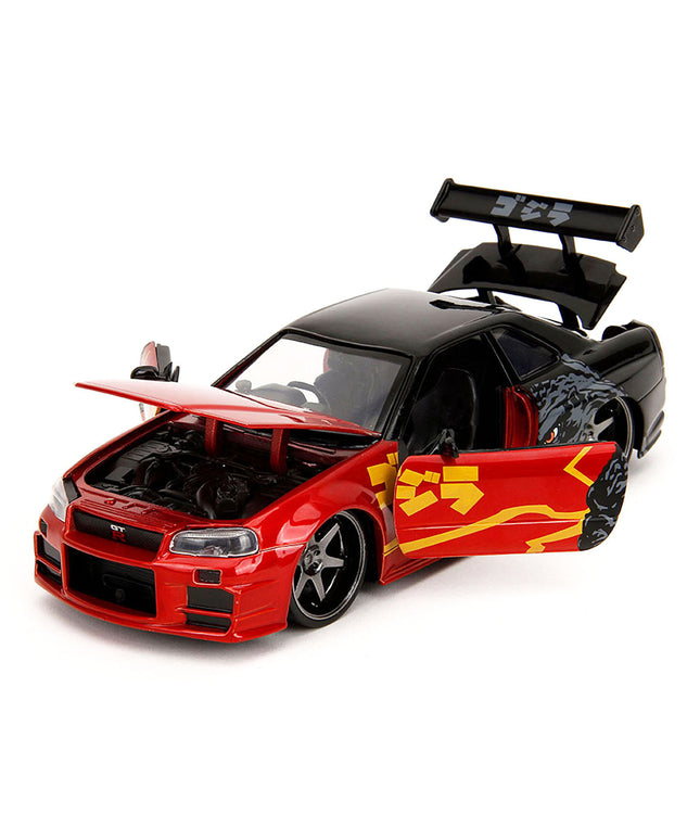 2002 Nissan Skyline GT-R (R34) RHD (Right Hand Drive) Red Metallic and Black "Godzilla vs. Destoroyah" (1995) Movie "Hollywood Rides" Series 1/24 Diecast Model Car by Jada