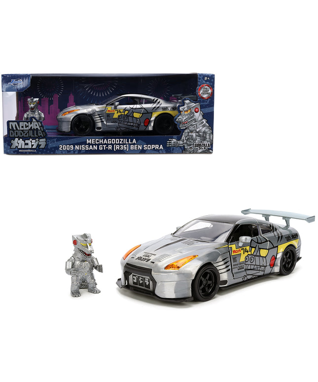 2009 Nissan GT-R (R35) Ben Sopra Brushed Metal with Black Top and Graphics and Mechagodzilla Diecast Figure "Godzilla" Franchise "Anime Hollywood Rides" Series 1/24 Diecast Model by Jada