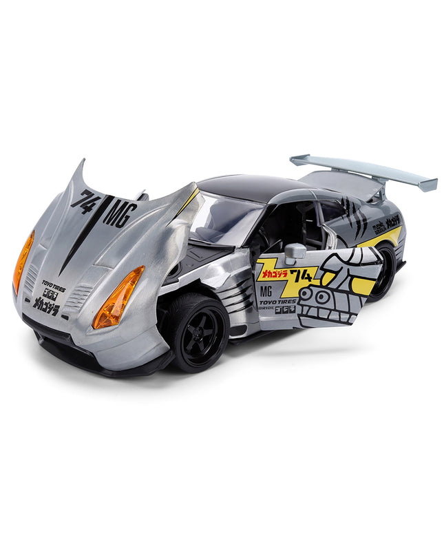 2009 Nissan GT-R (R35) Ben Sopra Brushed Metal with Black Top and Graphics and Mechagodzilla Diecast Figure "Godzilla" Franchise "Anime Hollywood Rides" Series 1/24 Diecast Model by Jada