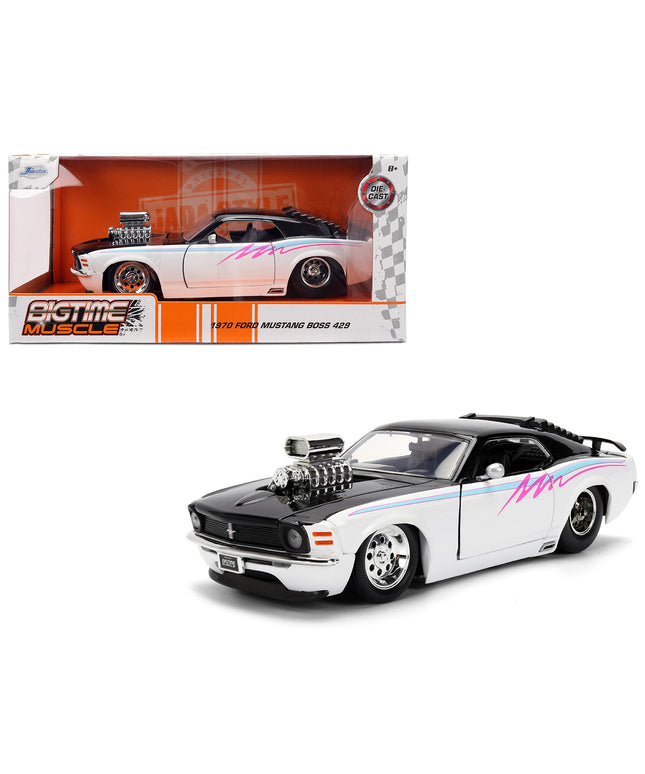 1970 Ford Mustang Boss 429 Black and White with Graphics "Bigtime Muscle" Series 1/24 Diecast Model Car by Jada