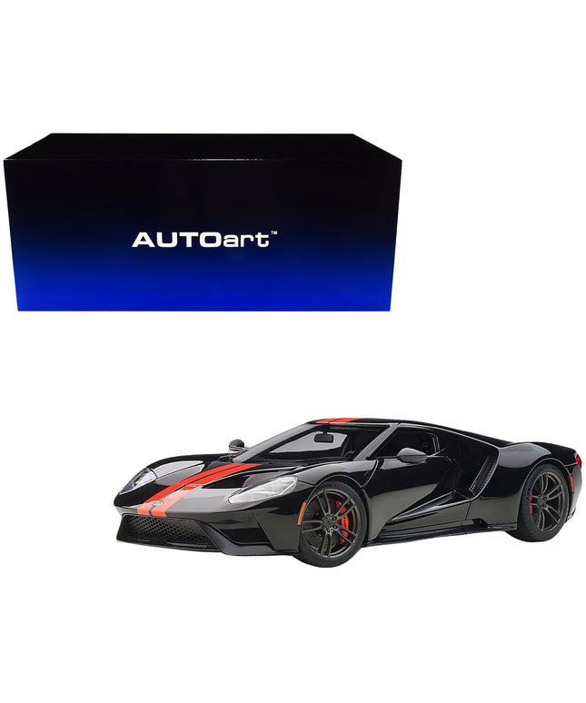 2017 Ford GT Shadow Black with Orange Stripes 1/18 Model Car by Autoart