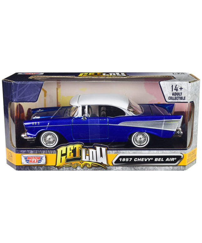 1957 Chevrolet Bel Air Lowrider Candy Blue with White Top "Get Low" Series 1/24 Diecast Model Car by Motormax