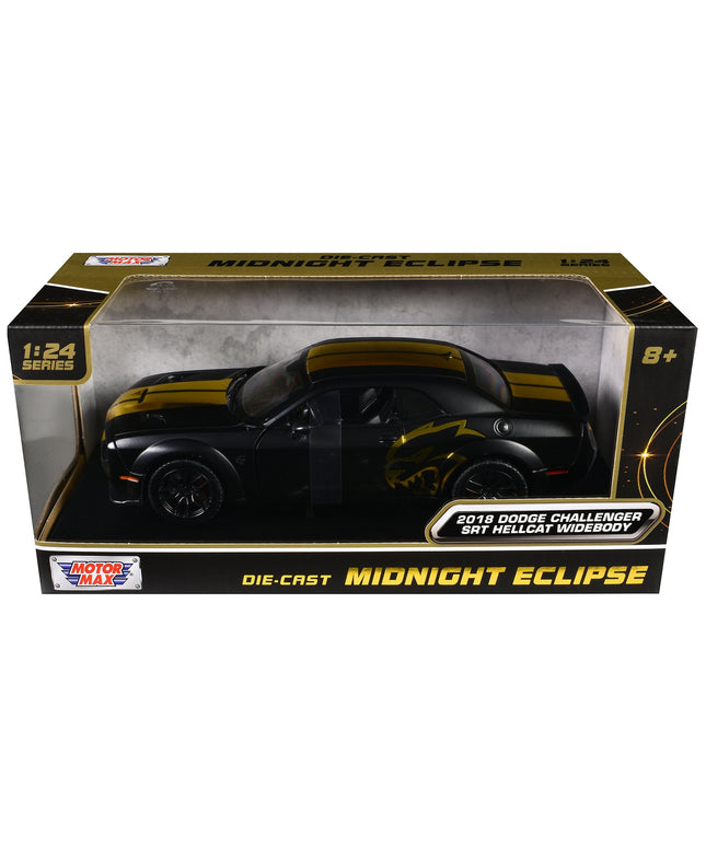 2018 Dodge Challenger SRT Hellcat Widebody Matt Black with Gold Stripes and Graphics "Midnight Eclipse" Series 1/24 Diecast Model Car by Motormax