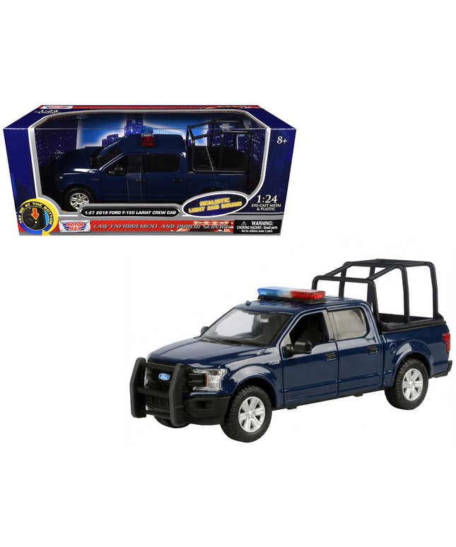 2019 Ford F-150 Lariat Crew Cab Pickup Truck with Bed Cage Dark Blue with Flashing Light Bar and Front and Rear Lights and Sounds 1/24-1/27 Diecast Model Car by Motormax