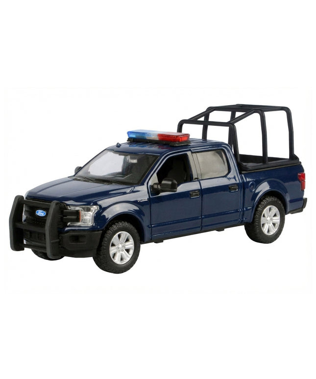 2019 Ford F-150 Lariat Crew Cab Pickup Truck with Bed Cage Dark Blue with Flashing Light Bar and Front and Rear Lights and Sounds 1/24-1/27 Diecast Model Car by Motormax