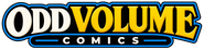 Odd Volume Comics refined cream white golden yellow blue outline horizontal wordmark