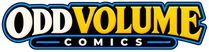 Odd Volume Comics refined cream white golden yellow blue outline horizontal wordmark
