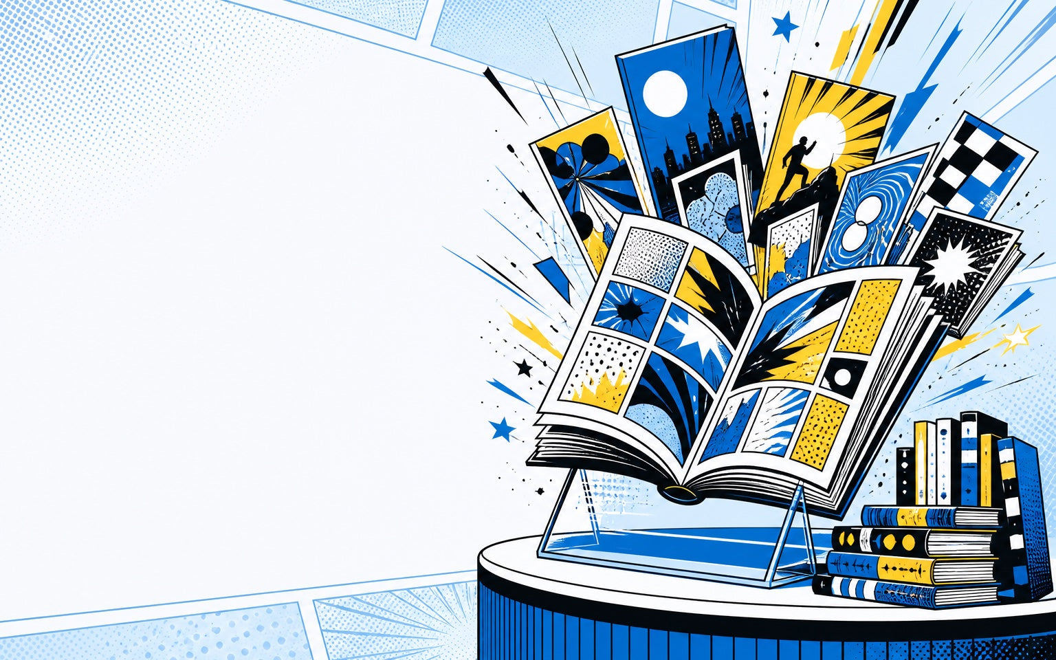 A comic book bursting open with vivid blue and yellow panel artwork